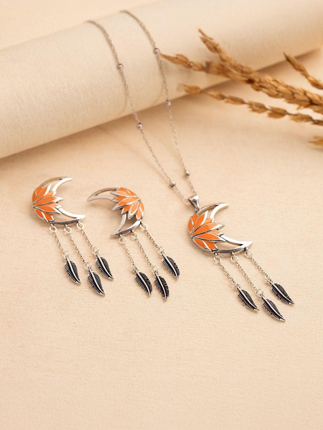 Boho Tribe Moonlit Lotus Oxidised Pendant Set