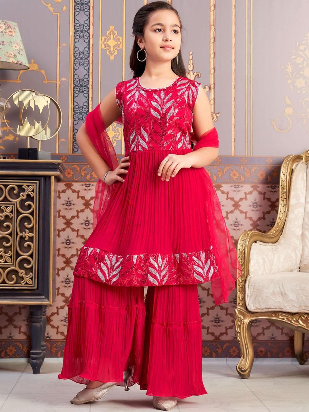 Sangria Girls Embroidered Anarkali Kurta With Sharara And Dupatta