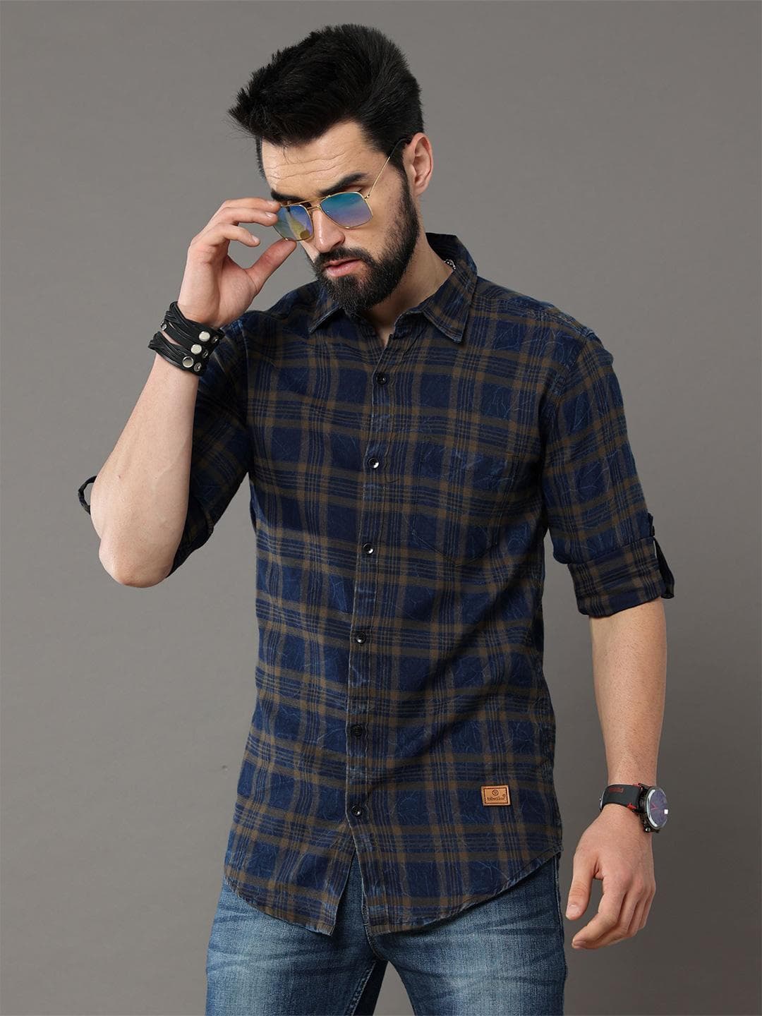 Tallwalker Men Straight Fit Spread Collar Tartan Checked Cotton Casual Shirt