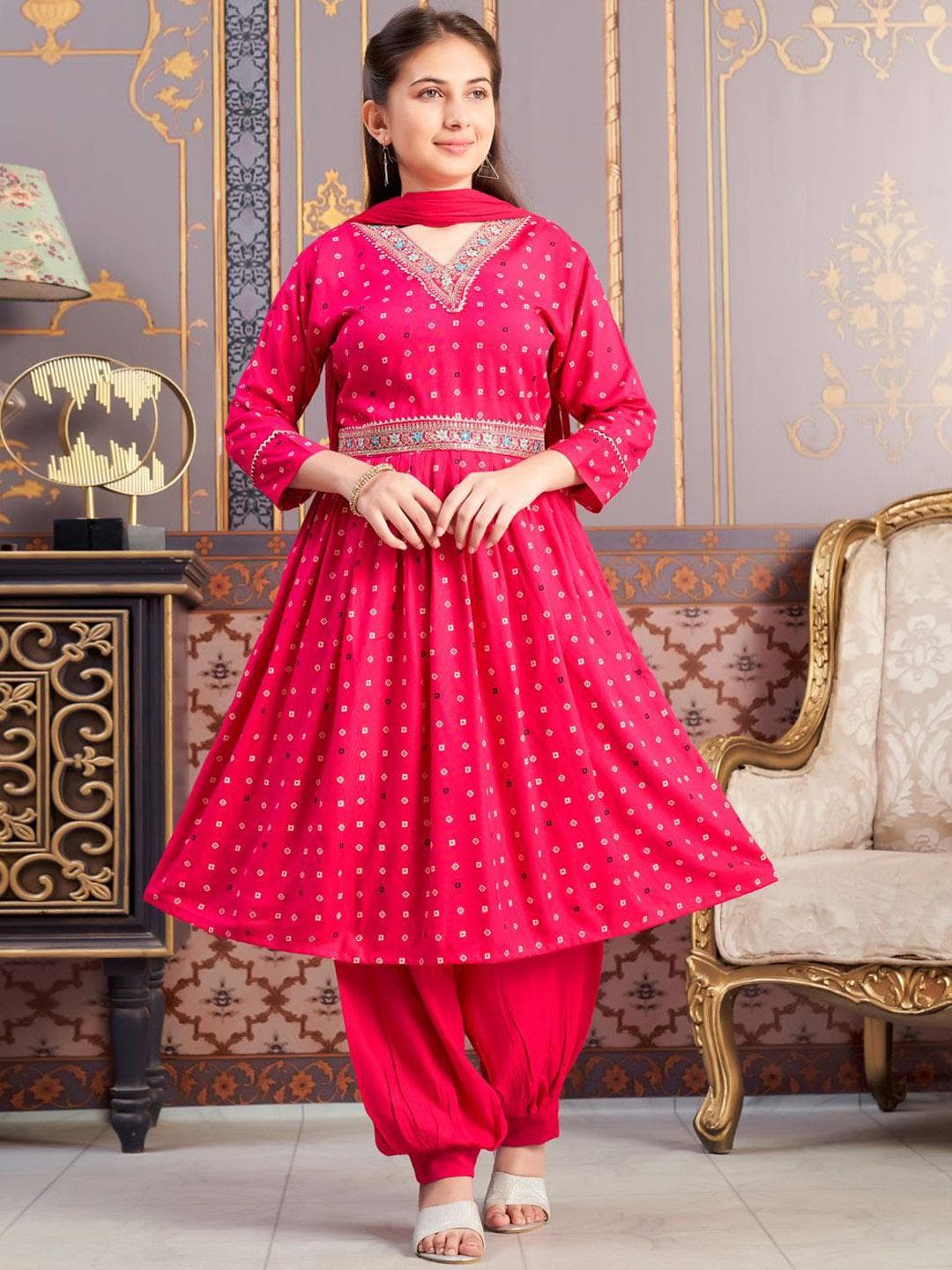 BAESD Girls Bandhani Printed V-Neck Pleated Sequinned Anarkali Kurta