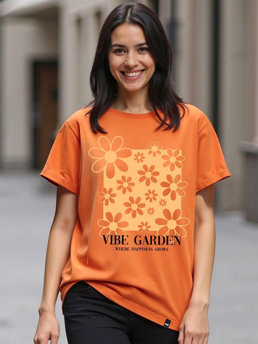 Bewakoof Women Caramel Orange Vibe Garden Graphic Printed Boyfriend T-shirt
