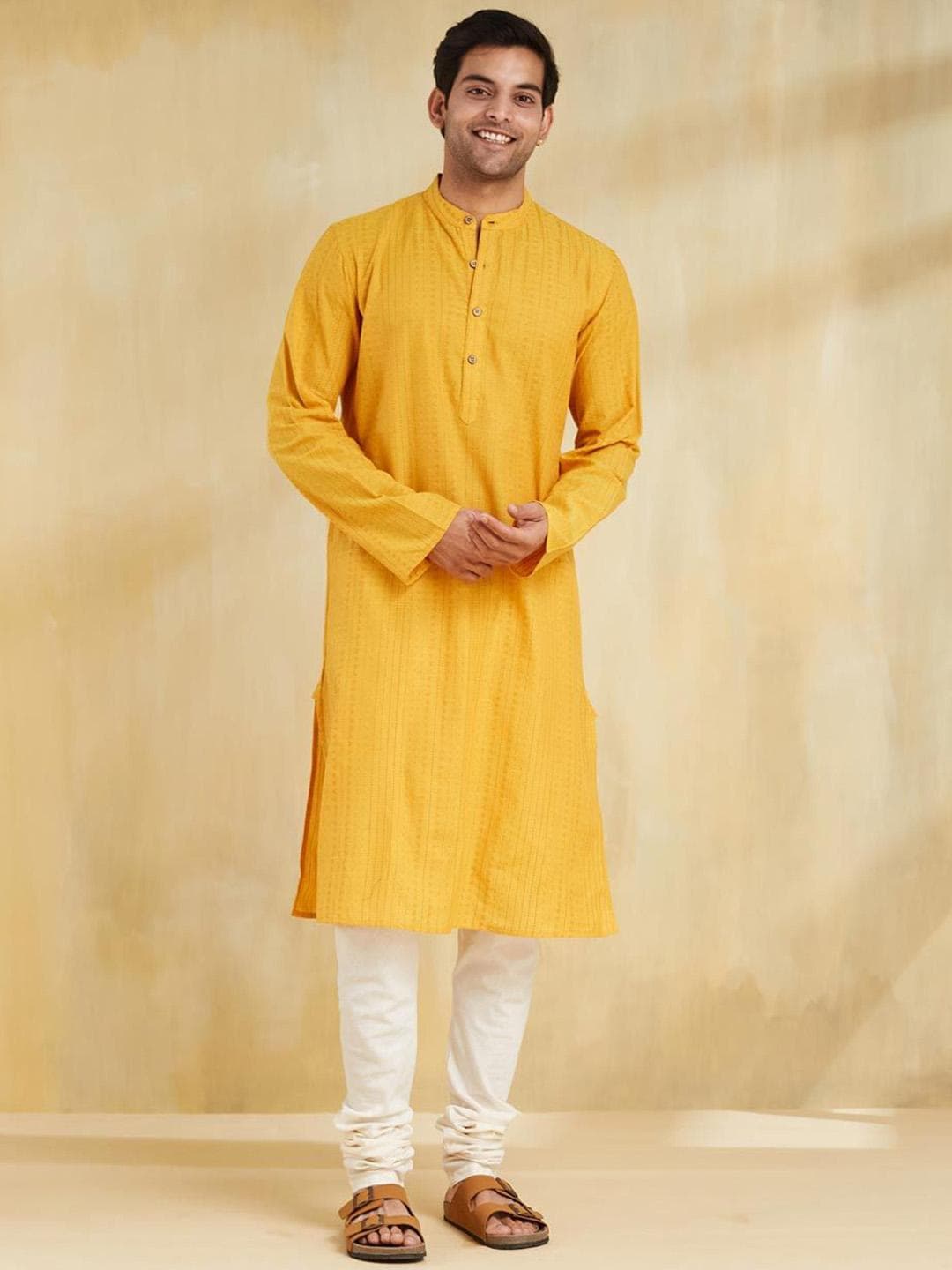 Fabindia Geometric Embroidered Band Collar Cotton Straight Kurta