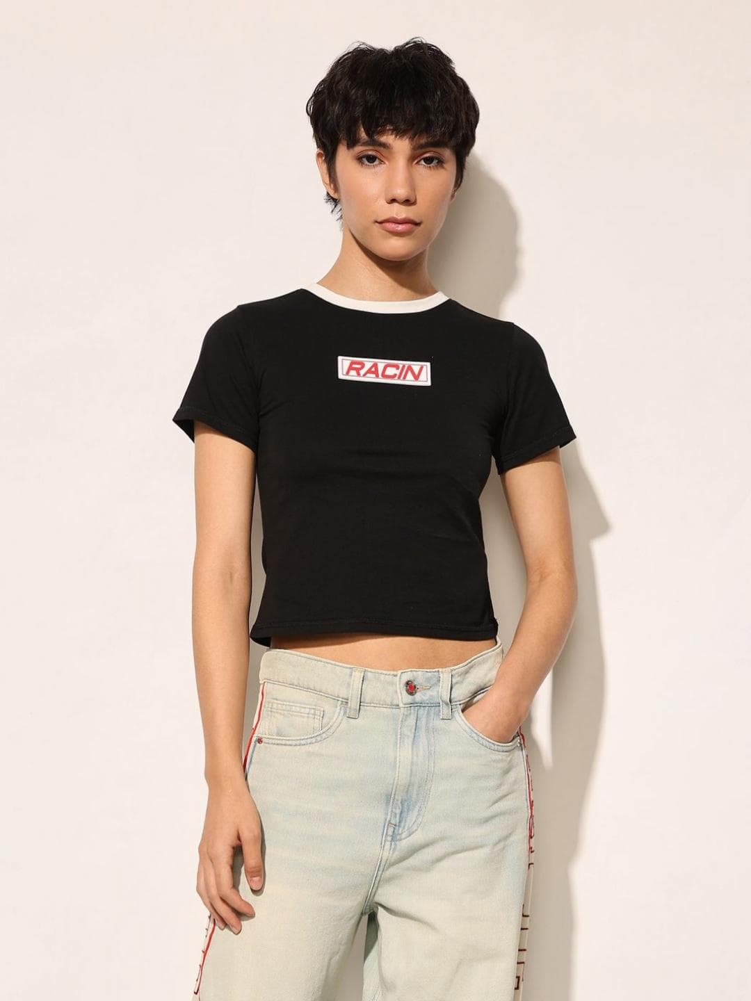 ONLY Women Solid Round Neck Cotton Slim Fit T-shirt