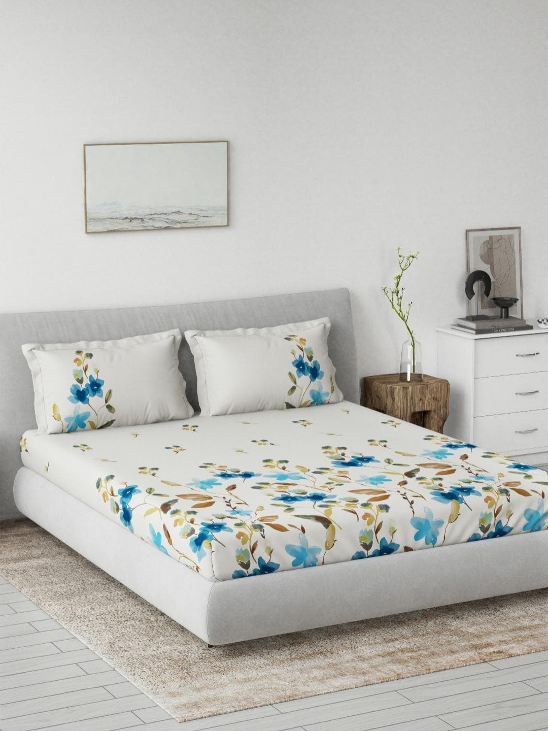 Buy DDecor Hastkala Blue Floral Cotton 144 TC Queen Bedsheet With 2 Pillow Covers 90 X 108 Inches - - Home for Unisex