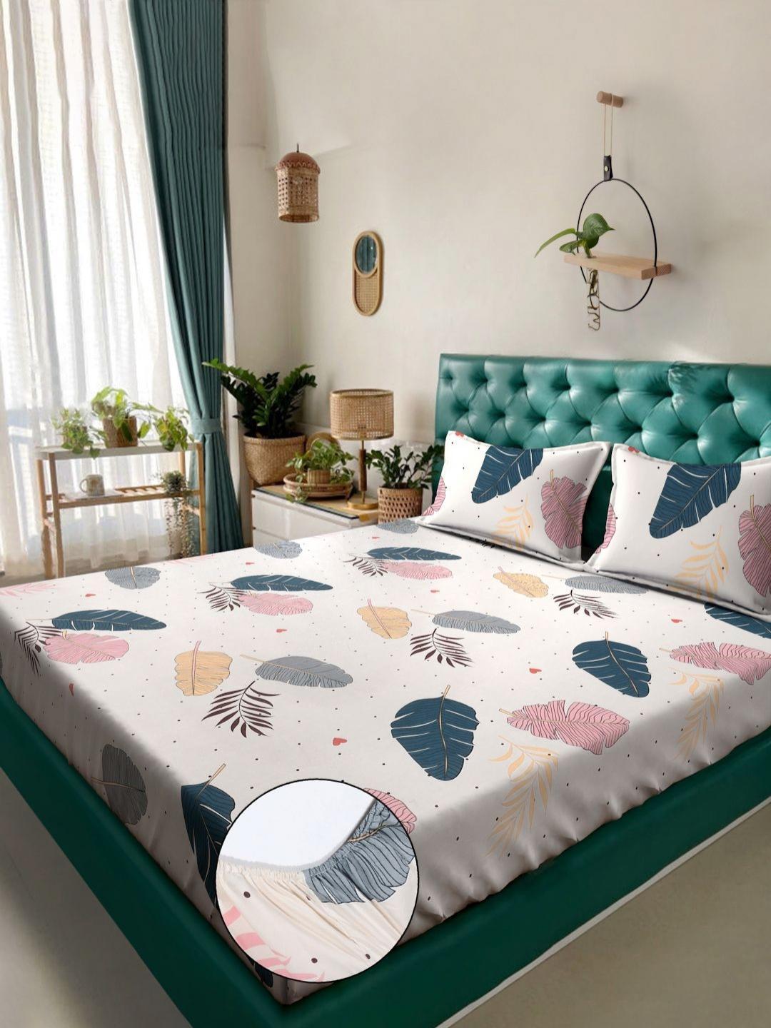 Buy KLOTTHE Cream Leaf Printed Fitted 300 TC King Bedsheet & 2 Pillow Cover - - Home for Unisex