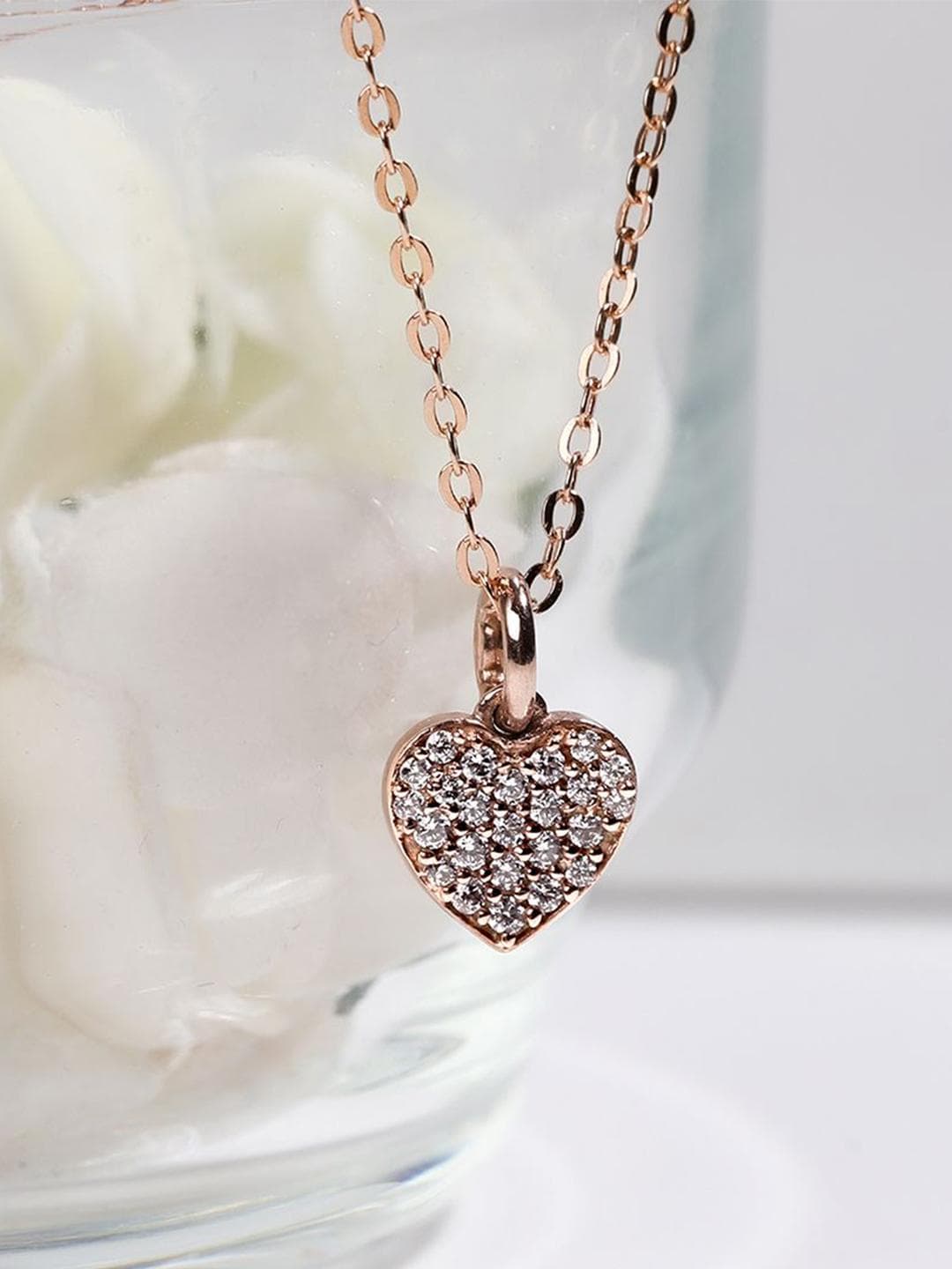 GIVA 925 Silver Rose Gold-Plated Cubic Zirconia Studded Little Heart Pendant with Chain