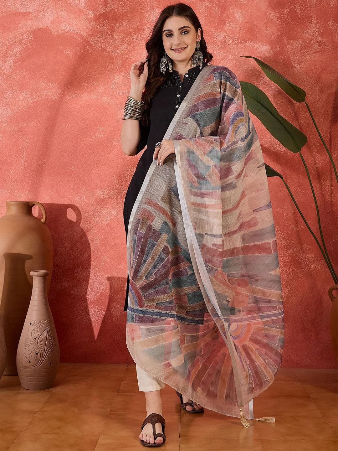 Sangria Abstract Woven Design Linen Dupatta