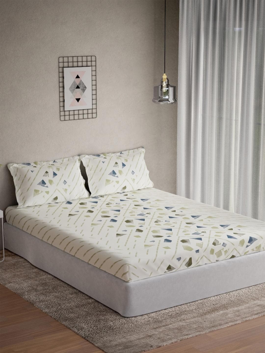 DDecor Vega Collection Green Abstract Cotton 145TC Queen Bedsheet With 2 Pillow Covers