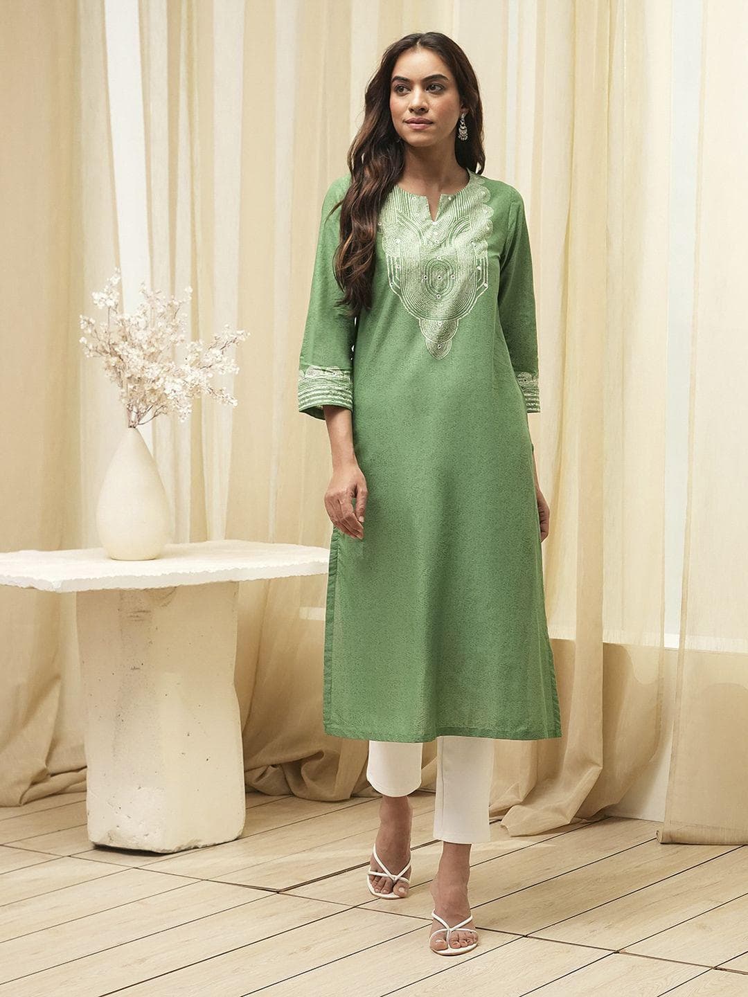 Biba Geometric Printed Mirror Work Notch Neck Pure Cotton Straight Kurta