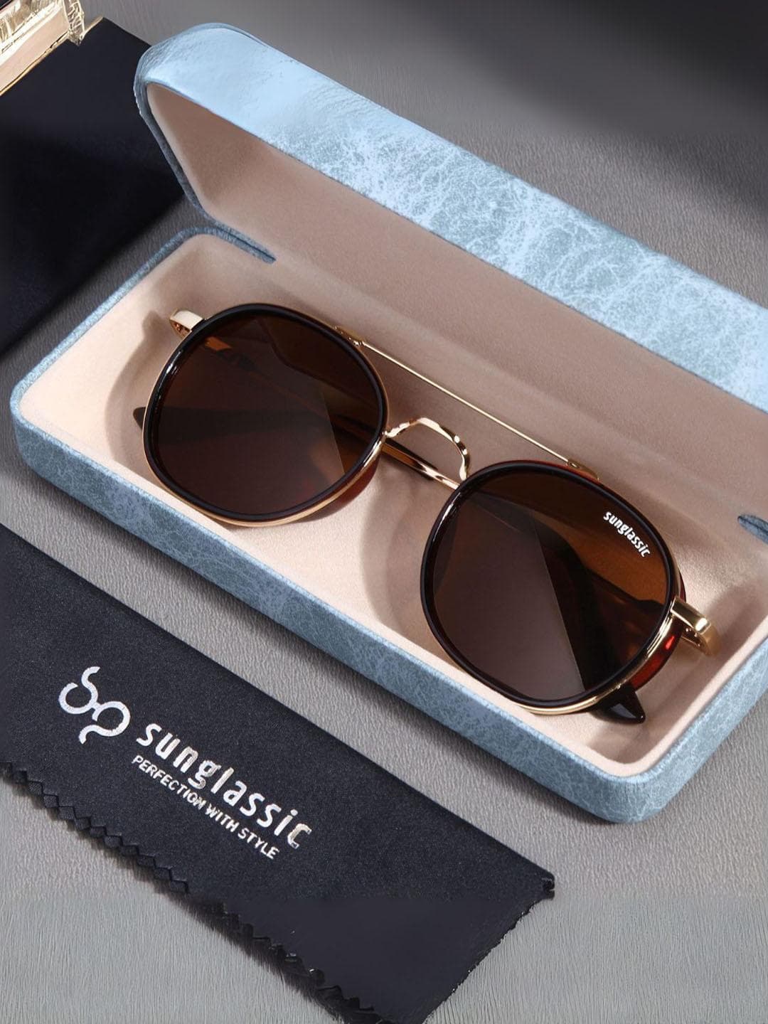 SUNGLASSIC Unisex Polarized Metal Frame Round Sunglasses SG461-GOLD-BROWN
