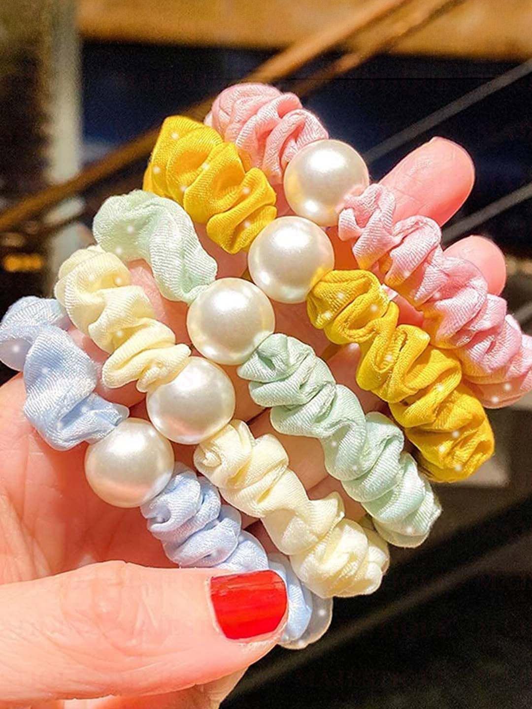 Buy Majestique Set Of 5 Multicolour Cotton Pearl Scrunchies Rubber Band Ponytail Holder - - Accessories for Women