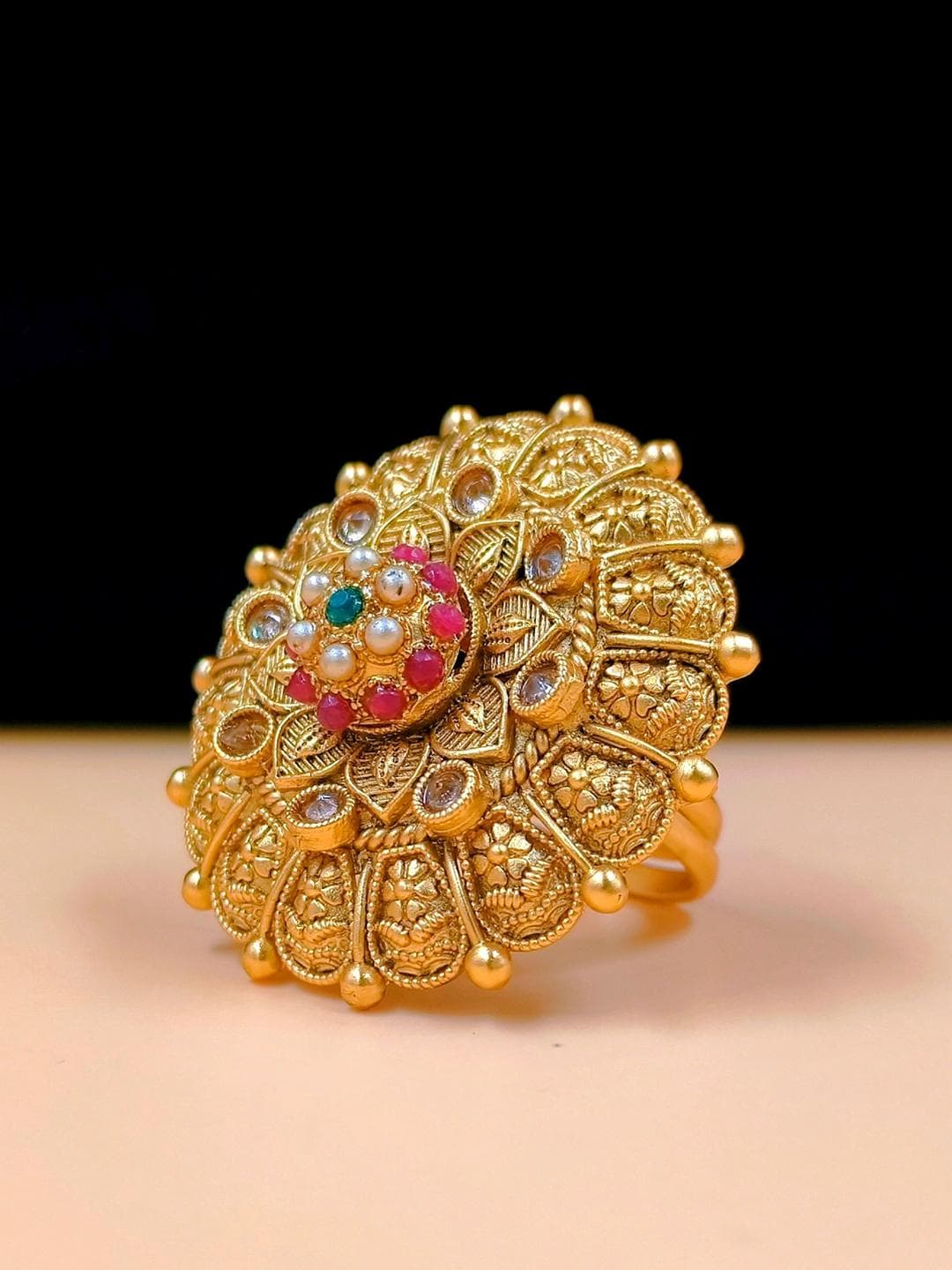 JYONA Gold-Plated Artificial Stones & Pearls Studded Adjustable Finger Ring