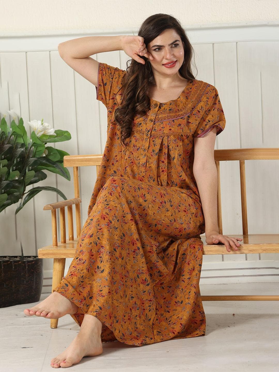 Glamoras Women Bizzy Lizzy Cotton Blend Printed Side Pocket Maxi Night Gown Nightdress
