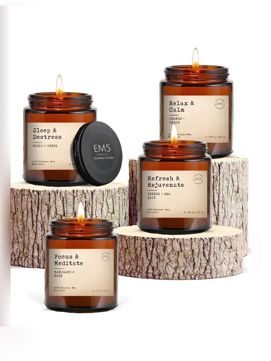 Buy EM5 Aromatherapy 4Pcs Cacao + Orris, Orange + Peach, Citrus + Sea Salt, Mahagony + Sage Jar Candles - - Home for Unisex
