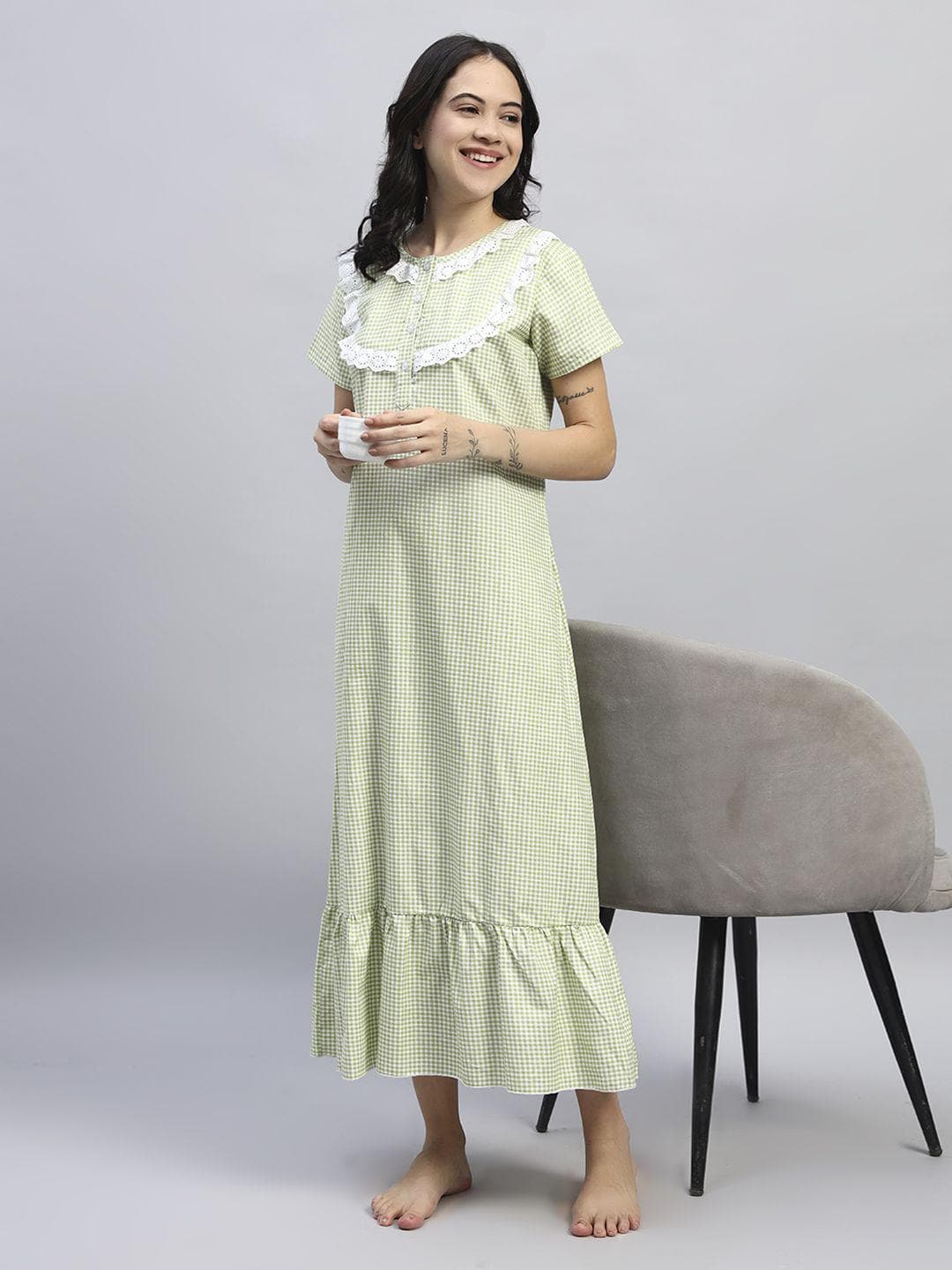 SEPHANI Checked Pure Cotton Maxi Nightdress
