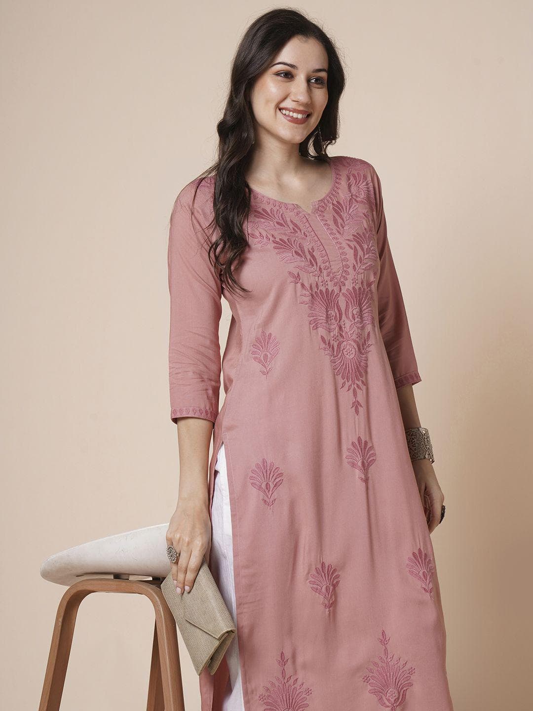 RATAN Women Rayon Chikankari Embroidered Kurta