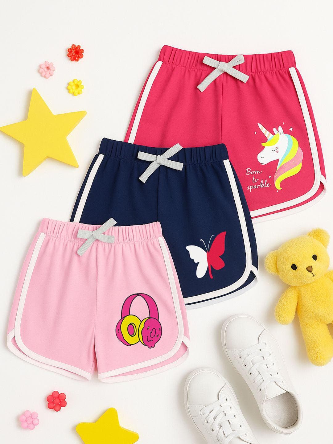 YK Girls Pack Of 3 Printed Cotton Mid-Rise Shorts