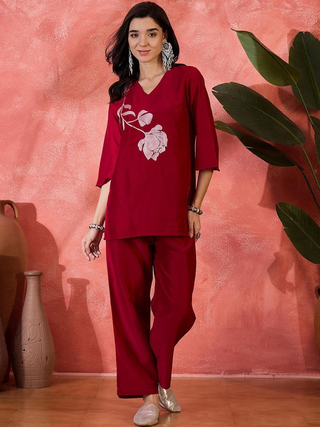 Buy Sangria Floral Embroidered Tunic With Trousers Co Ords - - Apparel for Women