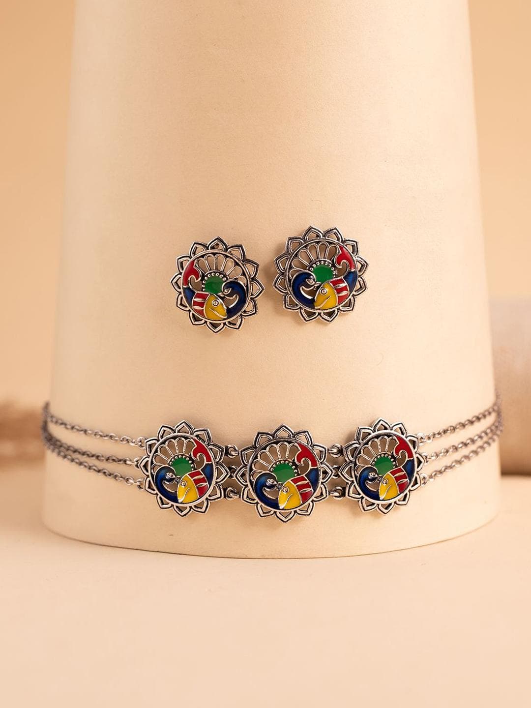 Buy Madhubani Matsya Mayur Oxidised Enamel Choker Necklace Set - - Accessories for Women