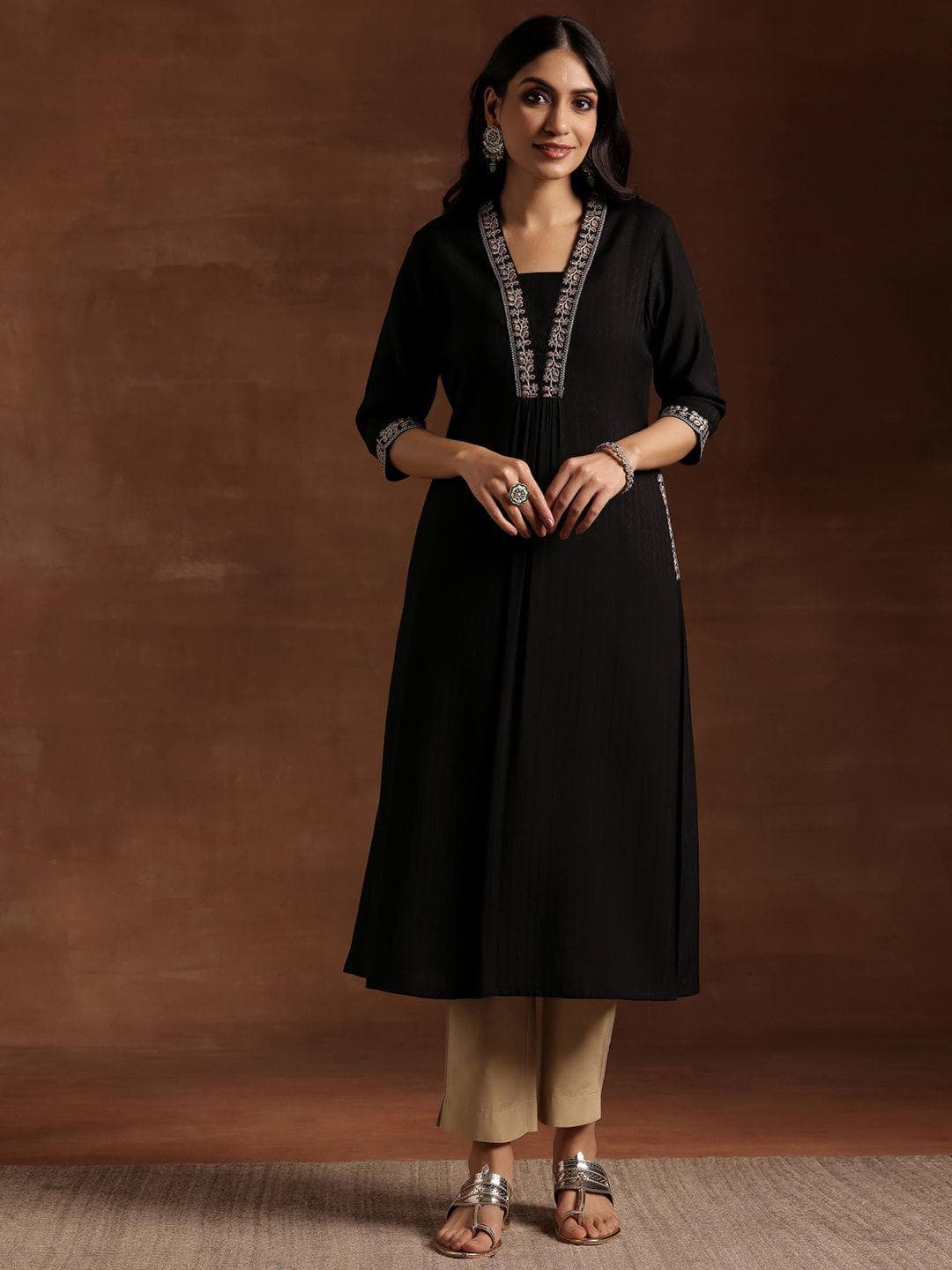 Libas Floral Woven Design Pleated Square Neck Zari A-Line Kurta