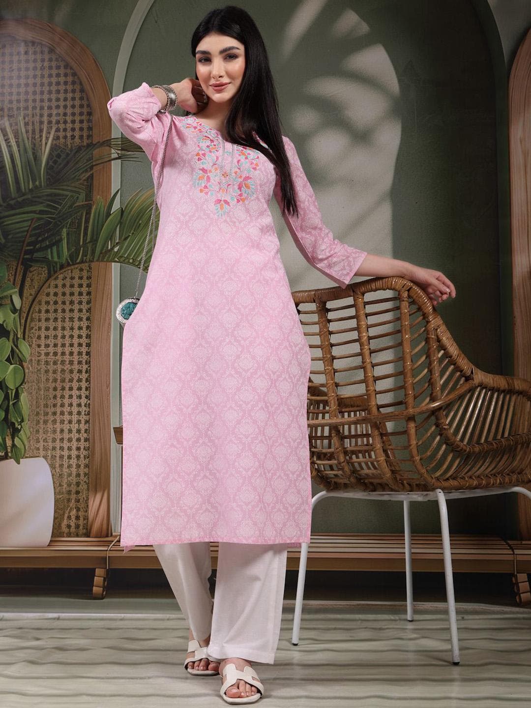 Sangria Floral Printed Thread Work Notch Neck Pure Cotton Straight Kurta