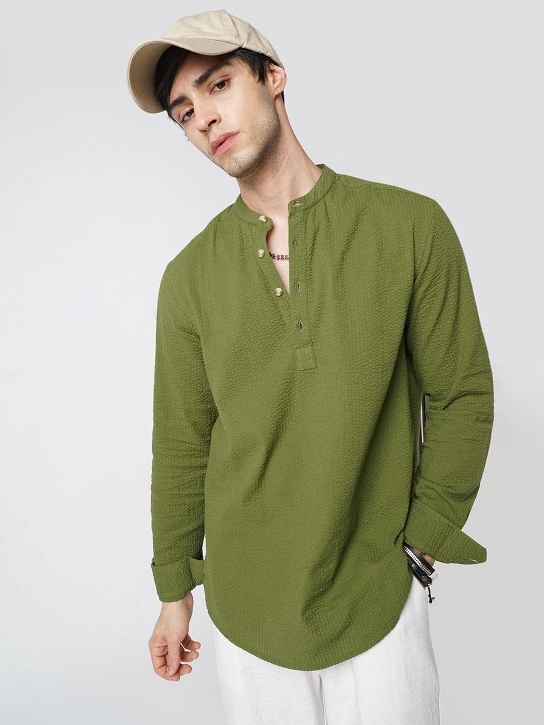 VASTRADO Seersucker Band Collar Pure Cotton Straight Kurta