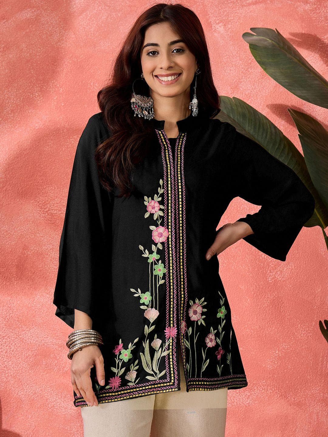 Sangria Floral Embroidered Mandarin Collar Tunic