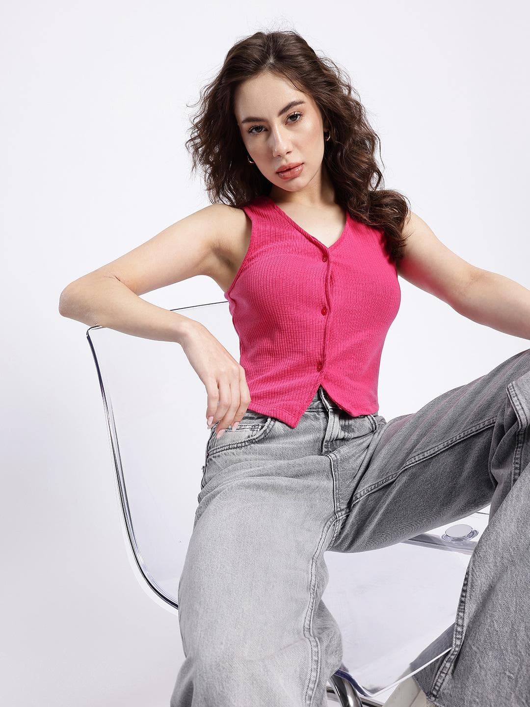 glitchez Ribbed Shirt Style Fitted Crop Top