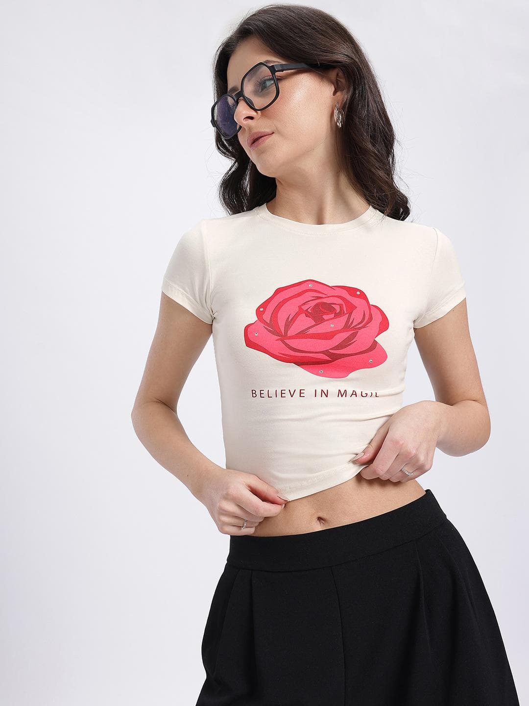 glitchez Rose Print Cropped T-shirt