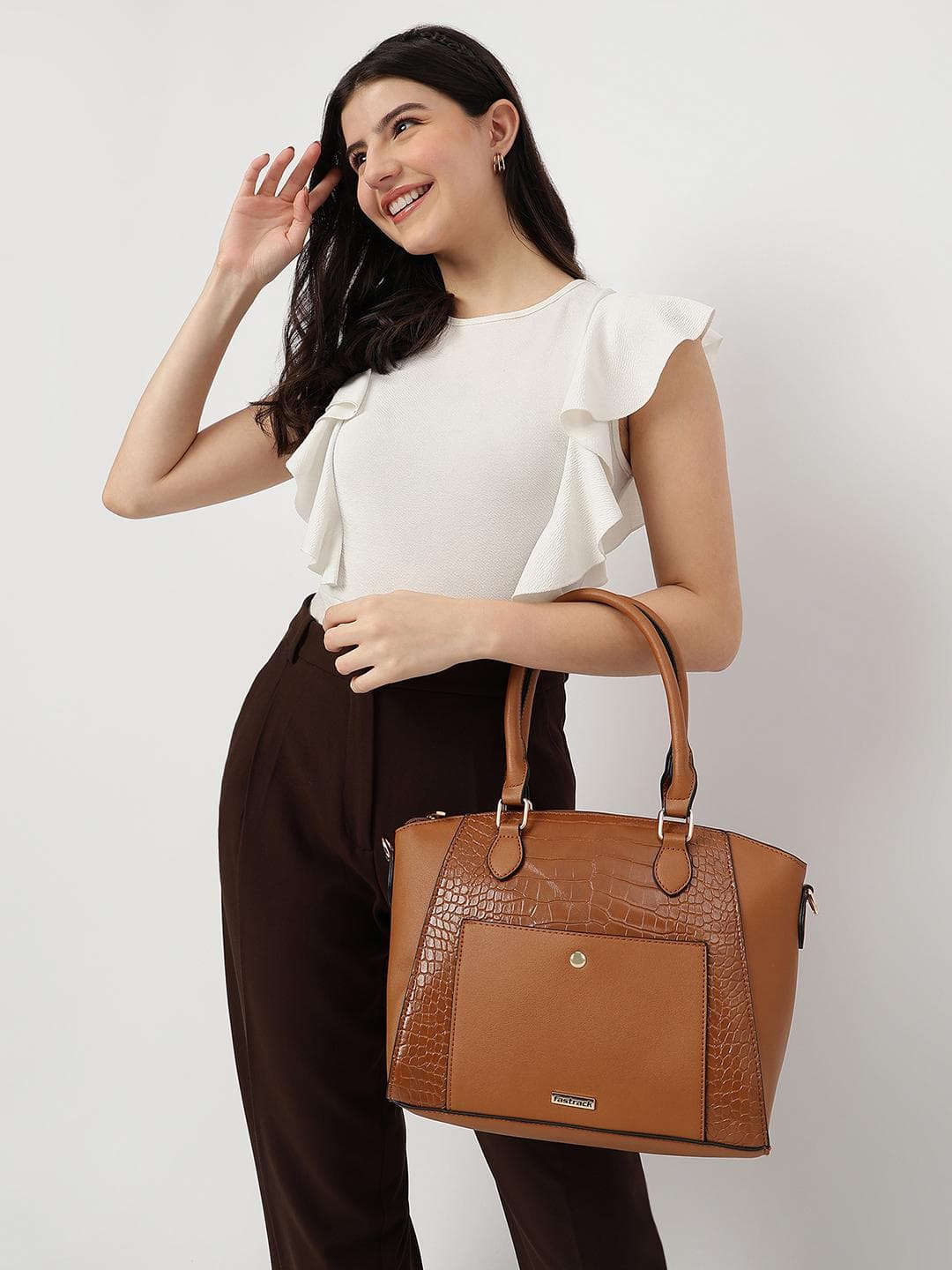 Buy Fastrack Women Tan Croco Structured Satchel With Detachable Sling Strap Fits Upto 11