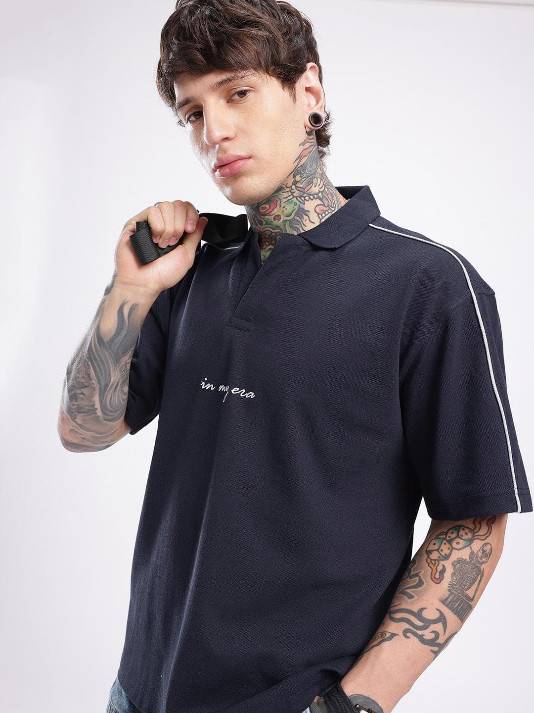 glitchez Solid Polo Collar Oversized T-shirt