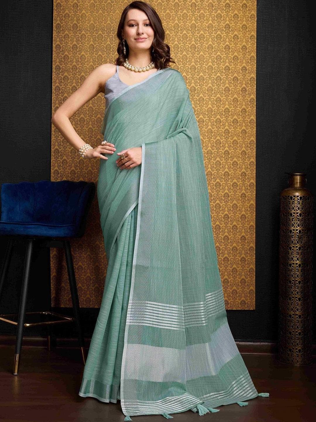 KALINI Turquoise Blue Pure Linen Sarees