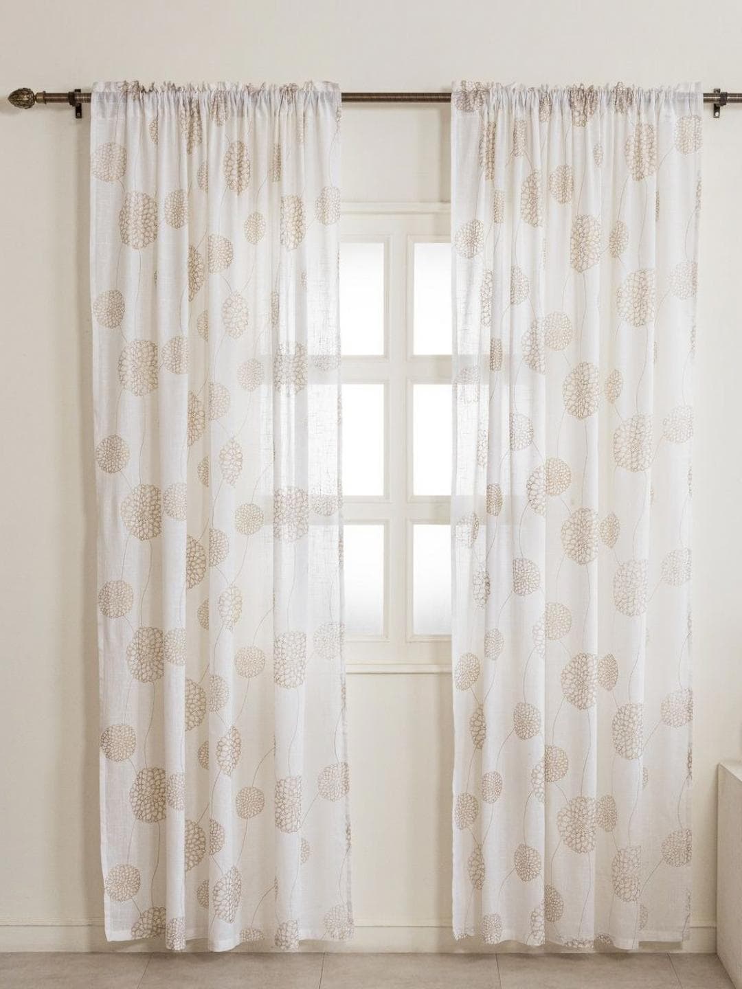 HOMEMONDE Gold-Toned & White 2 Pieces Floral Cotton Sheer Window Curtains