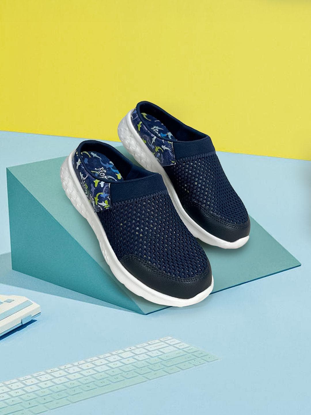 Hopits Boys Navy Printed Breathable Mesh Slip-On Mule Lightweight Cushioned Footbed