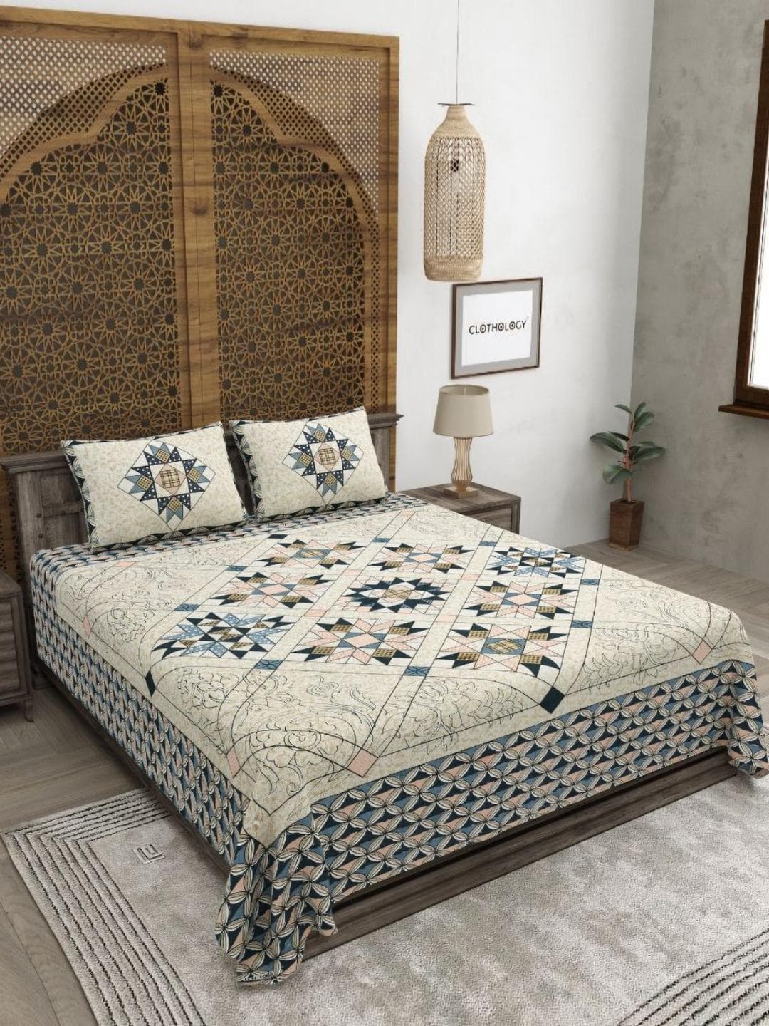 CLOTHOLOGY Midnight & Slate Geometric Heritage Mosaic 180 TC Cotton King Bedsheet with 2 Pillow Cover