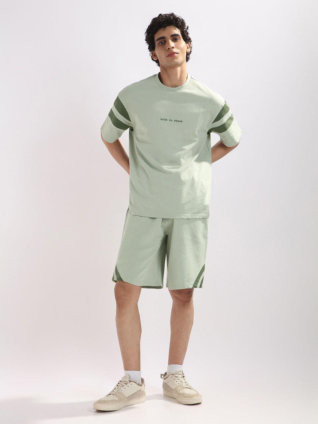 Buy NOBERO Men Oversized Striped Calm In Chaos T Shirt & Shorts Co Ords Set - - Apparel for Men