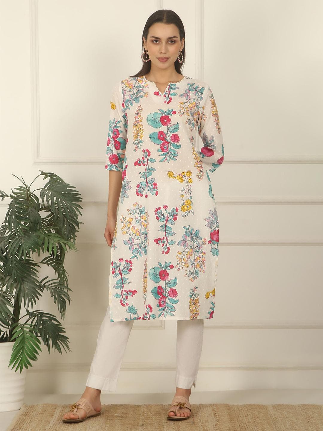 W Floral Printed Thread Work Notch Neck Straight Kurta