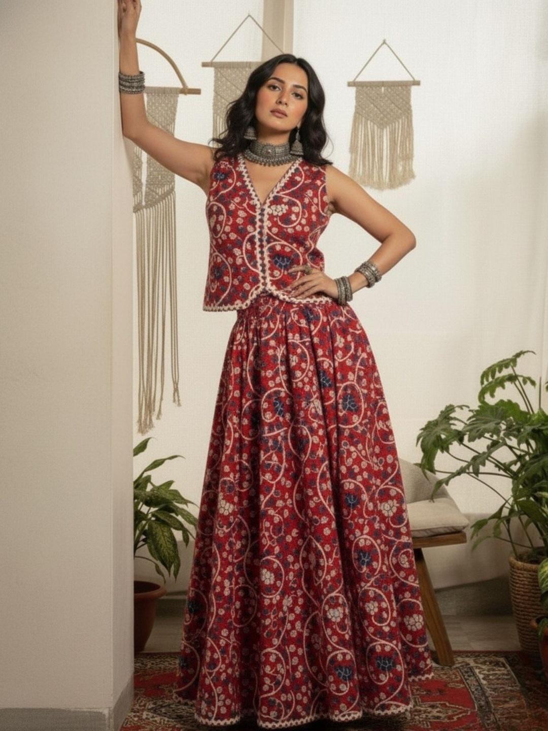 Buy WineRed Printed Pure Cotton V Neck Waistcoat With Skirt Co Ords - - Apparel for Women