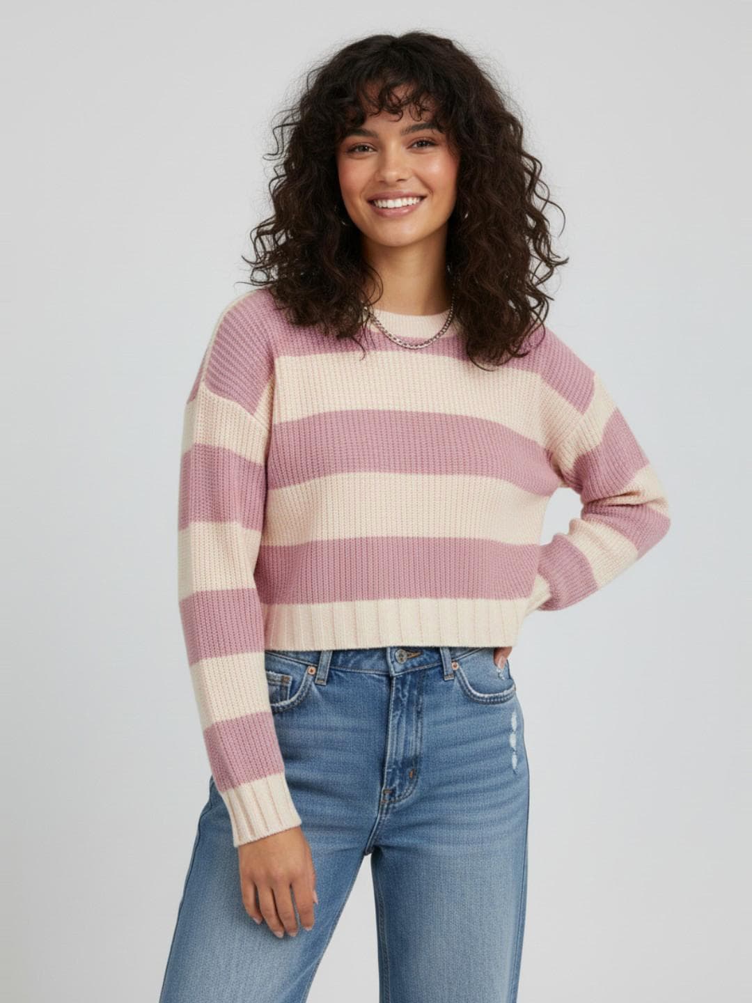 glitchez Horizontally Self-Striped Drop-Sleeves Crop Boxy Fit Acrylic Pullover