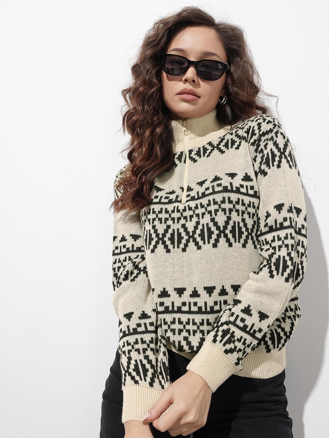 The Roadster Life Co. High Neck Self Design Pullover Sweater