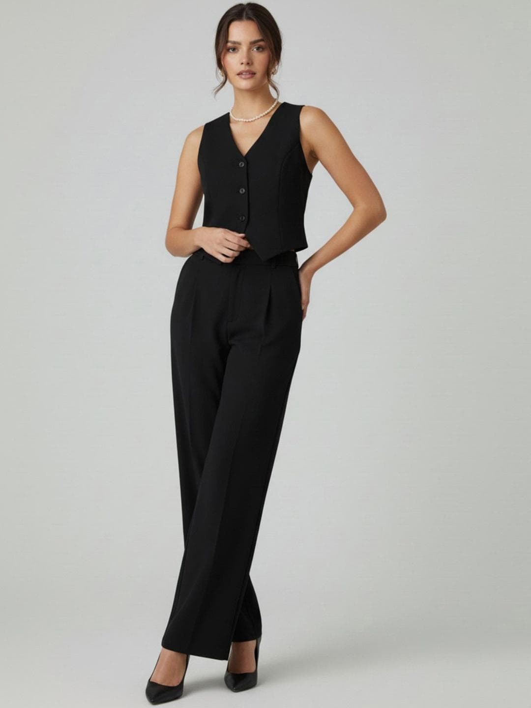 Buy Glitchez Solid V Neck Waistcoat & Trousers Co Ords Set - - Apparel for Women