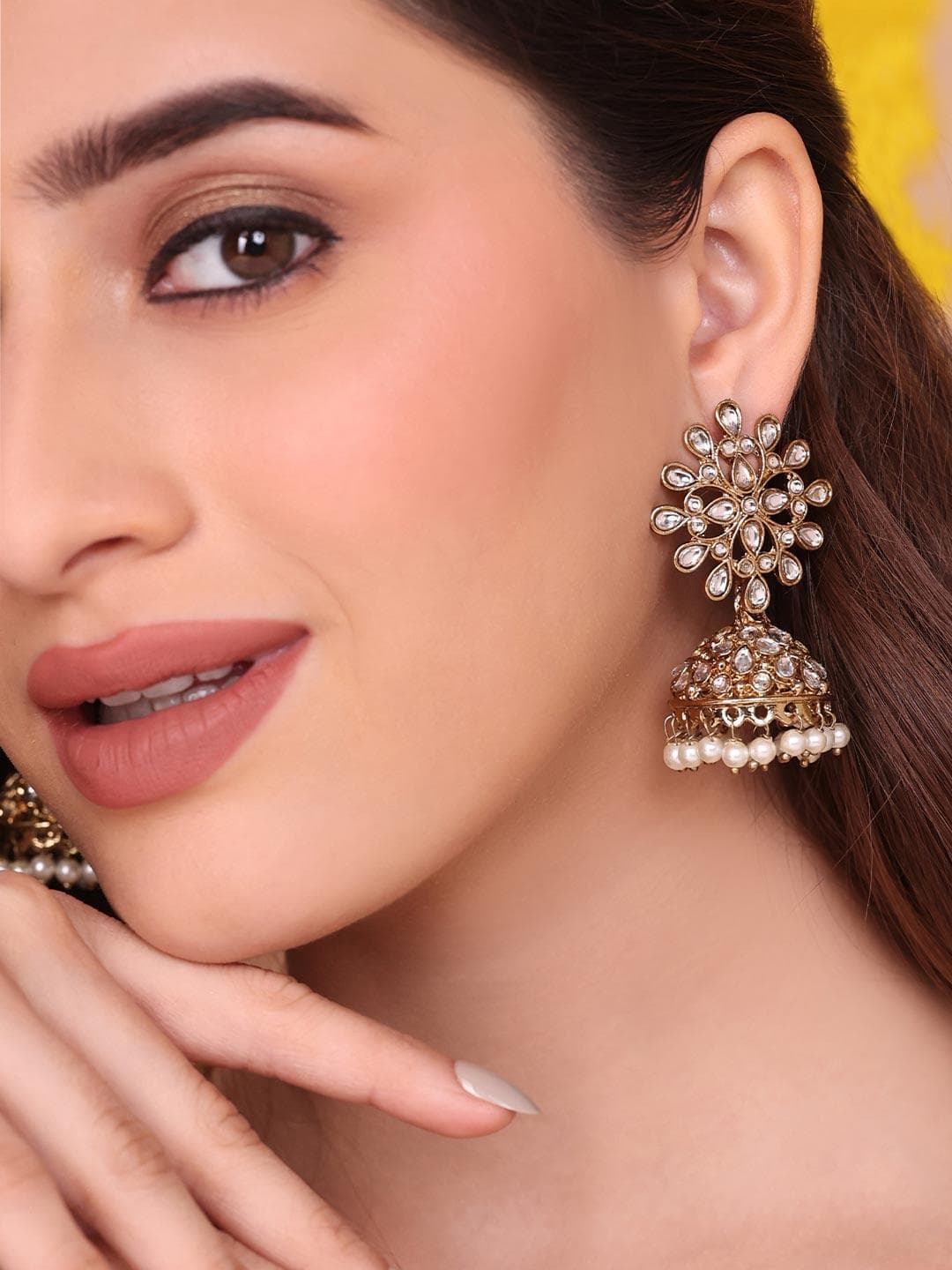Fida Gold-Plated & White Kundan Stone Embellished Dome Shaped Jhumkas