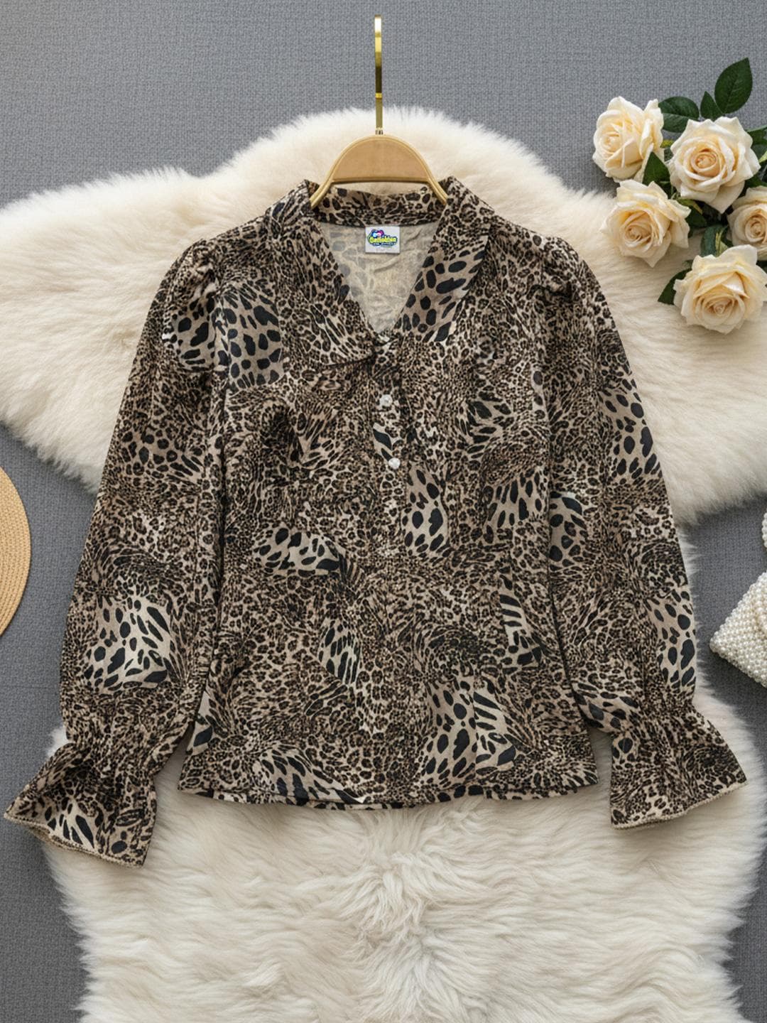 Cutiekins Girls Animal Printed Tie-Up Neck Bishop Sleeves Top