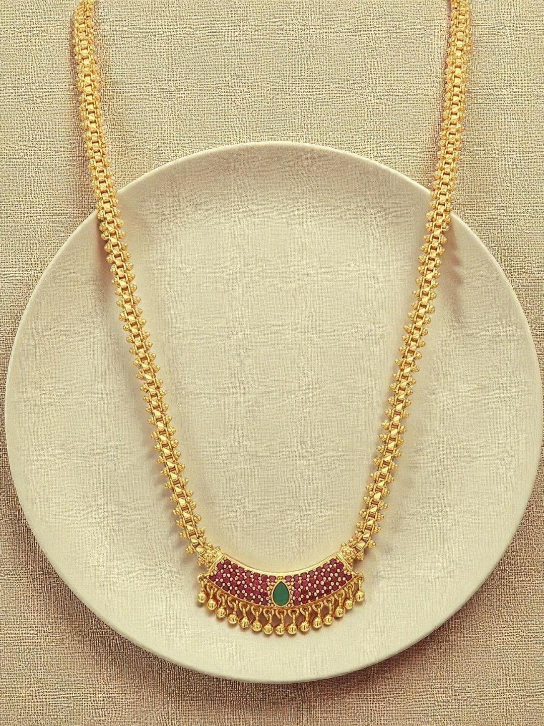 Sangria Gold-Plated American Diamond Studded Long Necklace with Droplet Charm