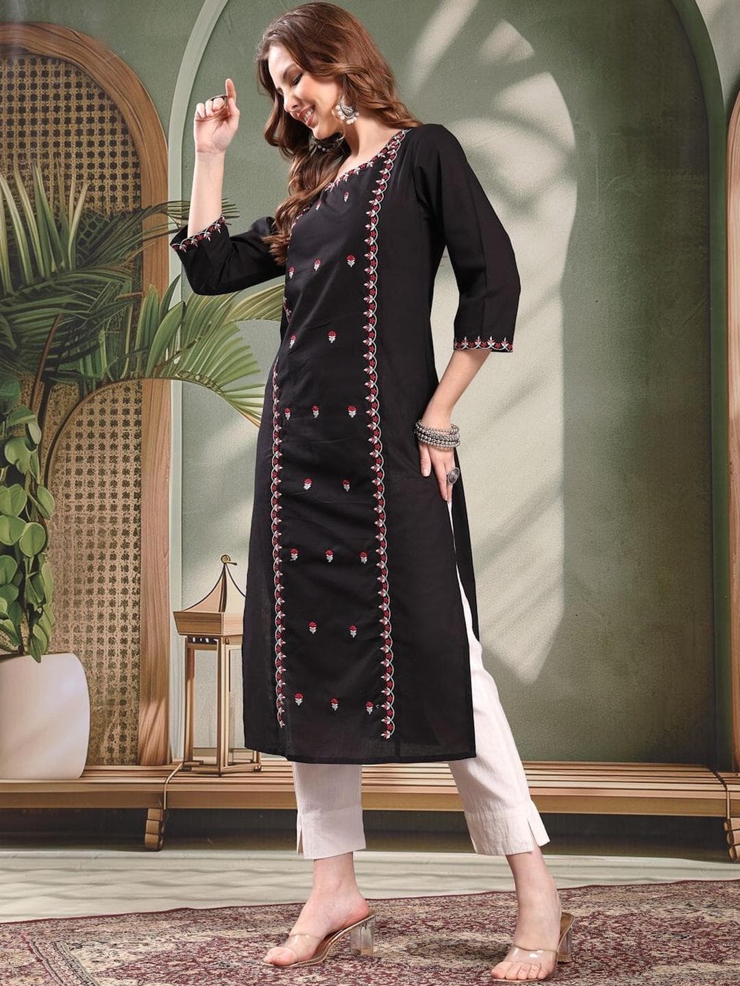 Sangria Embroidered Pure Cotton Round Neck Calf Length Straight Kurta