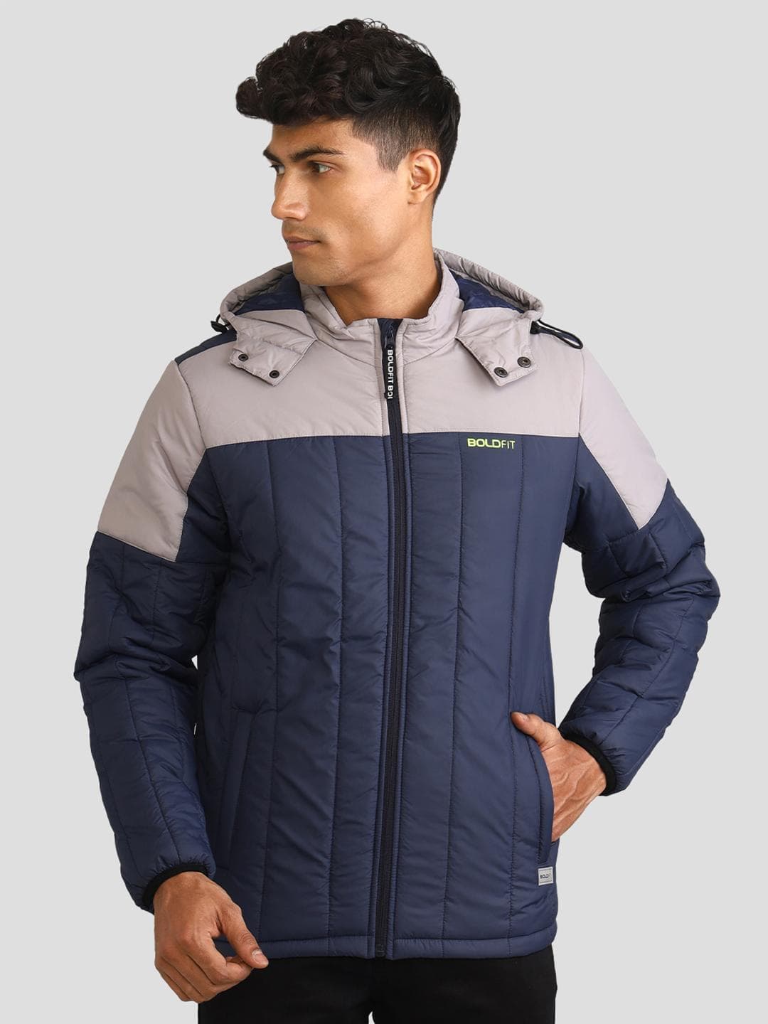 BOLDFIT Embroidered Navy Blue Colourblocked Windcheater Quilted Hooded Padded Jacket