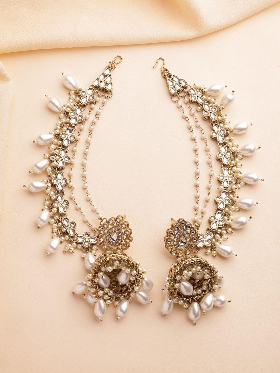 Buy ZENEME Gold Plated Kundan And Pearls Beaded Jhumkas With Ear Chain - - Accessories for Women