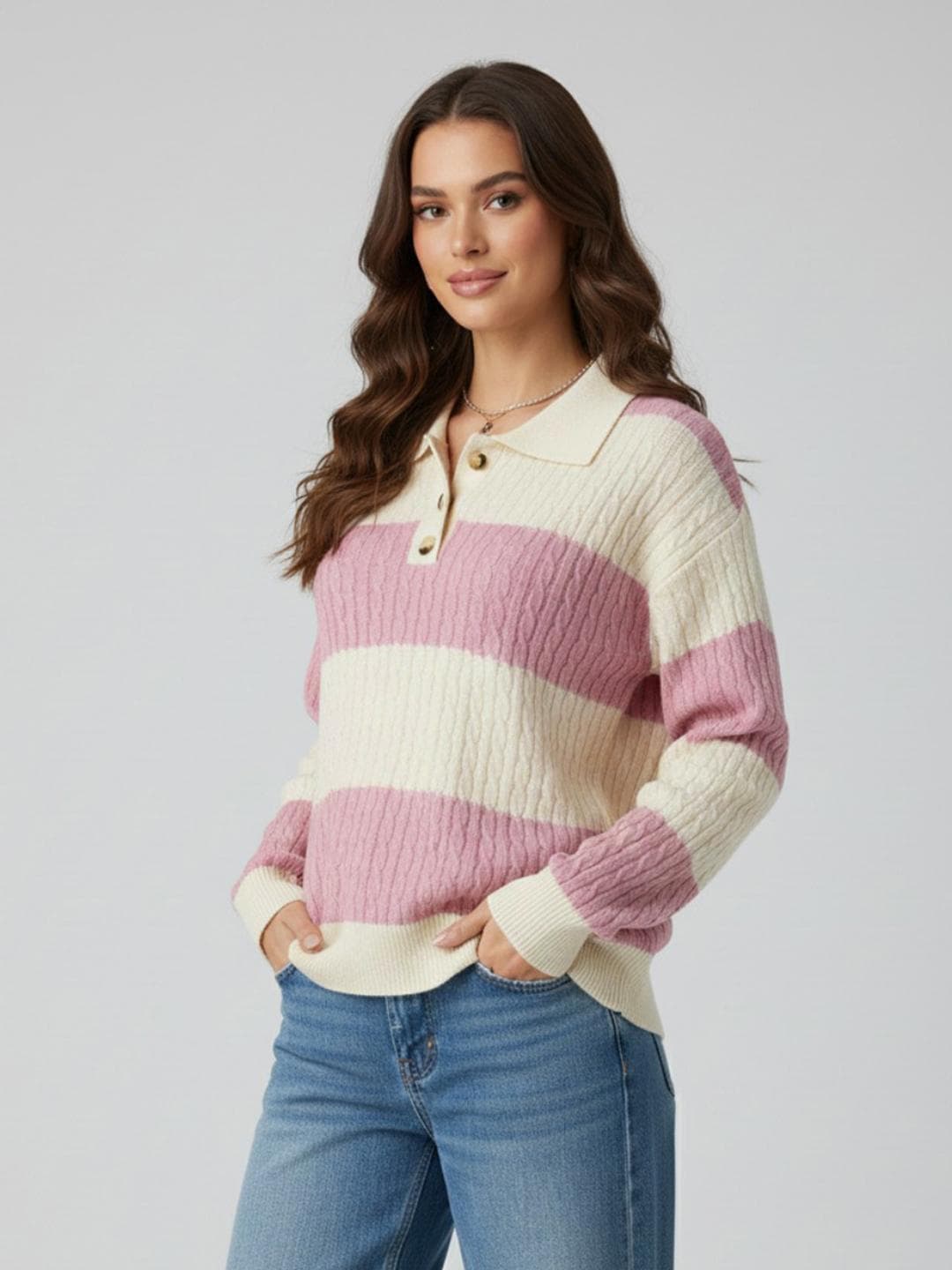 glitchez Women Cable Knit Striped Oversized Pullover