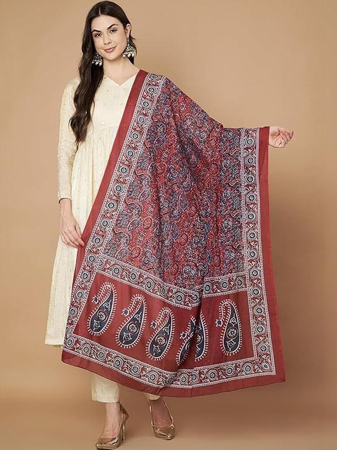 AKSHADEEP Women Jaipur Block Print Gota Patti Blue leaf Lace Dupatta