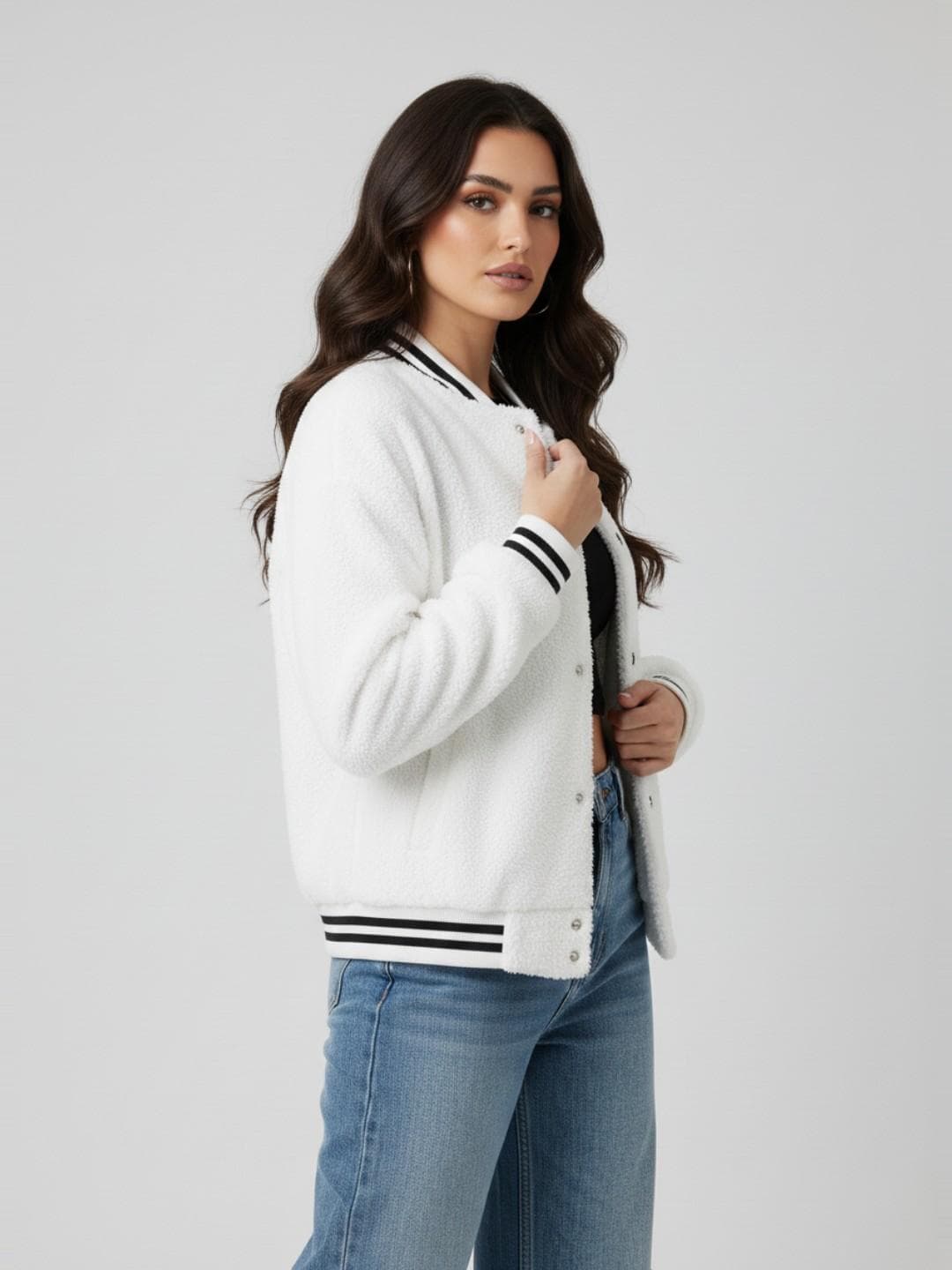 glitchez Stand Collar Oversized Varsity Sherpa Jacket